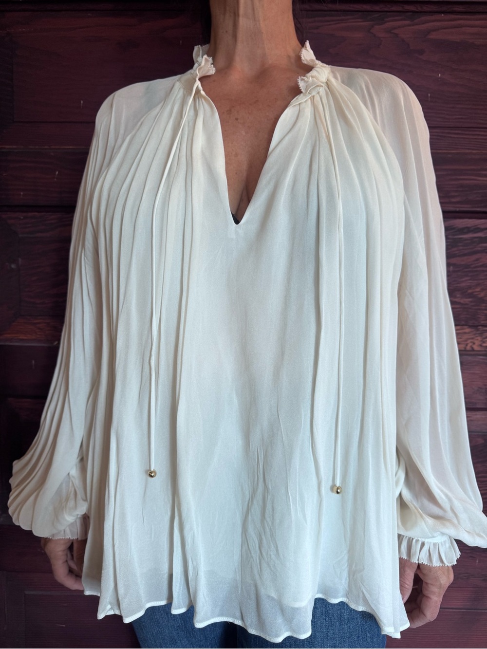Banana Republic Cream Pleated Tie-Neck Blouse - Picture 2 of 3